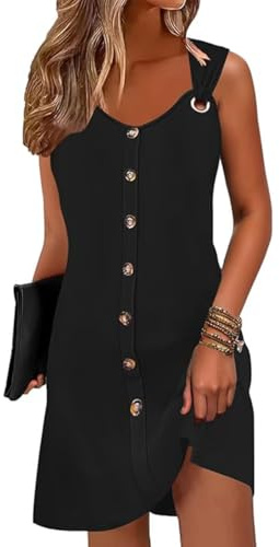 ABINGOO Damklänning Sommar Elegant Ärmlös Boho Kort Klänning V-ringning Tryck Tunika Casual Strandklänningar, Svart, L