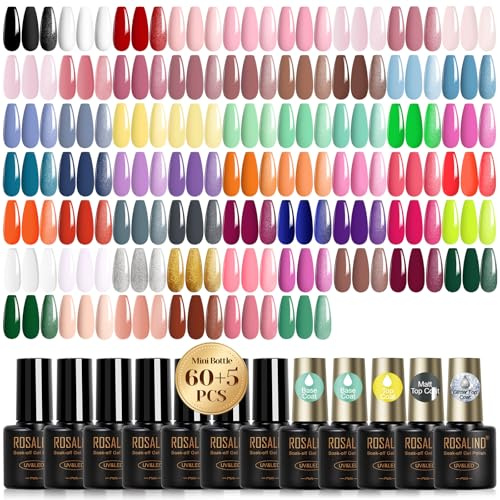 ROSALIND Vernis Semi Permanent, 65PCS Rose Bleu Vert Rouge Violet Orange Couleurs Vernis Gel Semi Permanent, Mini UV/LED Semi-permanent Gris Noir Marron Nail Art Manucure