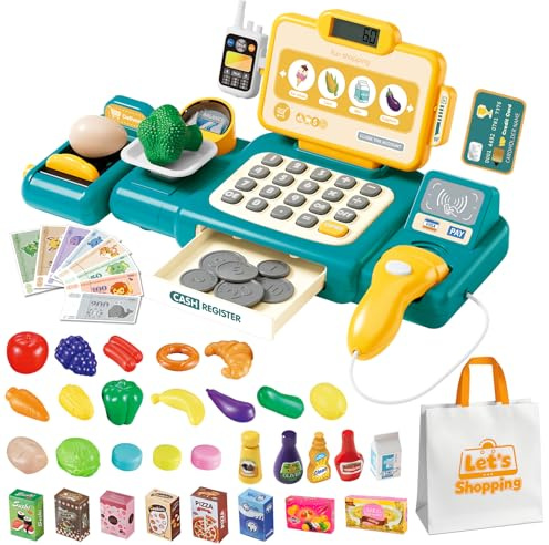 Caisse Enregistreuse Jouet pour Enfants, Set de 15 Pièces avec Monnaie, Jeu de Rôle Supermarché, 3+ Ans
