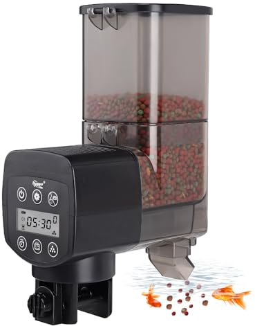 hygger Automatisk foderautomat för fiskar, 350 ml foderautomat för akvarium för Koi-fiskar, damm med LCD-display, kontroller, automatisk fiskmatare för helg och semester (batteri ingår inte)