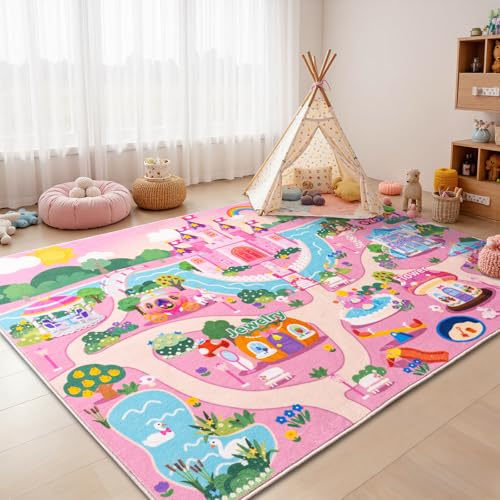 Arroganttiom Pink Kids Rug for Girls Bedroom 4x5ft, Washable Non-Slip Baby Play Mat for Floor, Ultra-Soft Castle Learning Carpet for Boys Girls Nursery Playroom Classroom Room Decor