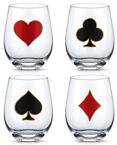 Potchen 4 Pcs Casino Stemless Wine Glasses 18oz Las Vegas Drinking Glasses Poker Cups Casino Theme Party Decorations for Las Vegas Poker Game Party Gifts Supplies