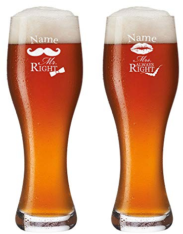 2 vasos de cerveza de trigo con grabado personalizado con [nombre] – Vaso de cerveza 0,5 l – Vaso de trigo idea de regalo para boda – Mr. & Mrs. Always Right con bigote y beso