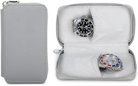 Hiram Custodia da Viaggio per Orologi Scatola Porta Orologi per 2 Orologi Organizer per Orologio con Cerniera Portatile in Pelle Saffiano (Grigio)