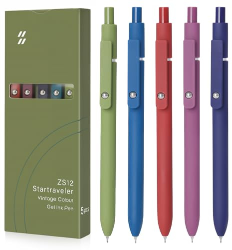 FIOVER High-End Vintage Gel Pens, 5-Pack 0.5mm Fine Point Black Ink Pens with Soft Grip & Metal Clip, Smooth Writing Retractable Pens for Journaling, Office, Note Taking(Retro color)