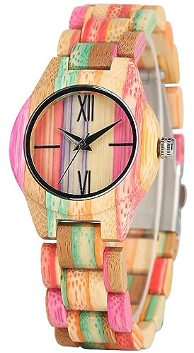 Tiong Damen Holzuhr Natürliche Holzuhren Analog Quarz Armbanduhr Verstellbares Holzarmband Leichte Holzuhr
