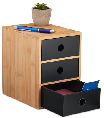 Relaxdays Organizer da Scrivania, 3 Cassetti, bambù e MDF, HLP: 21x15x20 cm, Portapenne Tavolo Ufficio, Naturale Nero