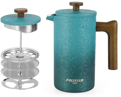 POLIVIAR Cafetiere - Cafetera de prensa francesa de 8 tazas con 1 filtro adicional, cafetera aislada de doble pared con mango de madera, prensa de café de acero inoxidable para café, 1 litro