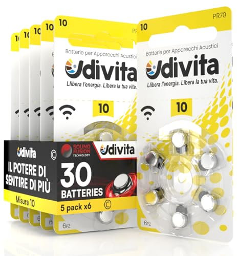 30 Piles Auditives Udivita Taille 10 Type Zinc-Air - 5 Blisters de 6 Piles