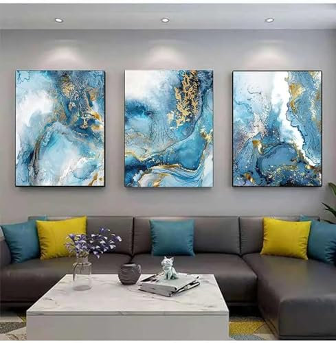 NXMYDBD Goldblaue Marmorstruktur, luxuriöse Poster und Drucke, Bilder, blaugrüne Aquarell-Wandkunst, Leinwandgemälde für moderne Heimdekoration, 70x90cm (28x35 Zoll) x3, ungerahmt