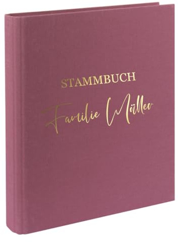 AWASG Dokumentenmappe Stammbuch - Personalisiert mit Namen - Ringbuch Ordner für die Familie - Familienordner Leinen zum Einsortieren von Unterlagen (beere)