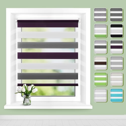 Doppelrollo Klemmfix ohne Bohren B80 x H120cm(Stoffbreite 76cm) Weiß-grau-lila, Rollos für Fenster, Rollo ohne Bohren mit Lichtdurchlässig und Verdunkelnd/Höhe Stufenlos Verstellbar/Kindersicherung