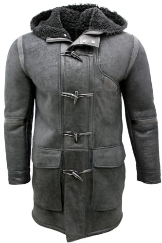 Mens Black Sheepskin Leather Hooded Duffle Coat