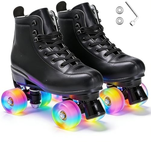 ERNAN Damen Klassische Retro Rollschuhe,Disco Roller,Classic Roller | Rollschuhe für Kinder und Erwachsene, komfortabl LED Rollerskates für Jugendliche und Anfänger.Mädchen. (Black, 38)