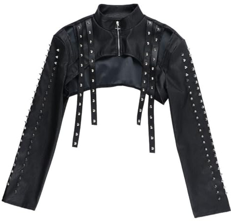 YINGWIN Blouse gothique à manches longues punk cloutée en cuir PU Veste cool Rave Ultra Court Zip Top, Noir , L