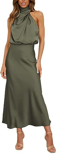 BDSCZW Robe élégante en satin pour femme - Sans manches - Taille haute - Mariage formel - Invitée de mariage - Robe de cocktail, robe de bal, de fête, robe midi, Vert kaki, L