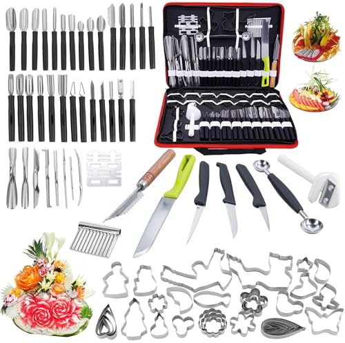 80-Piece Stainless Steel Fruit Carving Tools Set - Professional Watermelon Carving Knife Kit with Ergonomic Handles & Portable Case, Durable Fruit Cutting Tools for Culinary Arts, Sculpting, Peeling