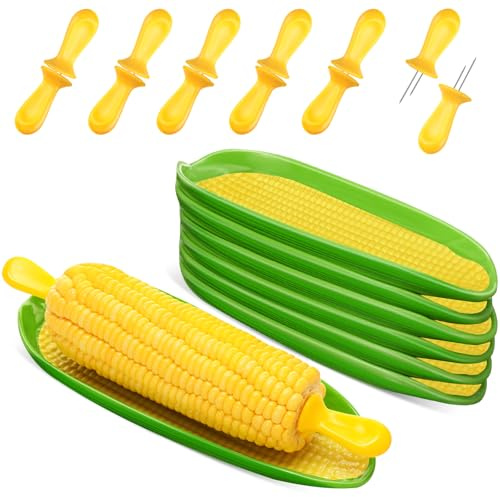 Teenyyou Corn Cob Holders and Dishes Set Stainless Steel Corn on the Cob Holders Melamine Service Tray Skewers Butter Spreader for Home & BBQ Cooking (18 Pcs)