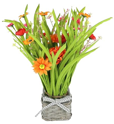 Konstgjord gräsbuske med tjusiga vallmo i kruka, 40 cm, gräslinning, Gerbera, konstgräs, bussla, gräsarrangemang, dekoration, konstväxt, gräslåt, grön växt, växt, prydnadsgräs, buskar, orange