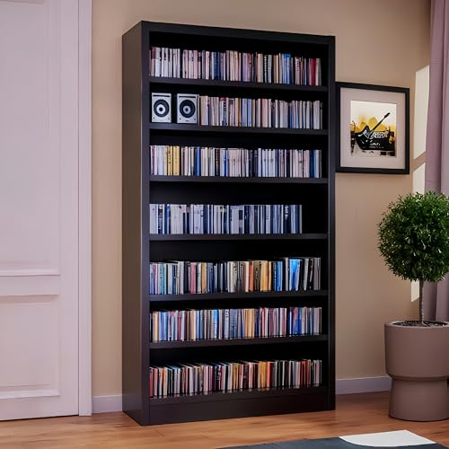 YILFANA 55 Media Storage Cabinet, Metal CD Storage Rack with 6 Adjustable Shelves, Large DVD Storage Shelf Rack for Living Room, Home Entertainment (Black)