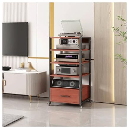 HTYUKFDG Soporte for Medios audiovisuales con cajón, Estante de Audio, gabinete estéreo, estantes de Almacenamiento de Medios Ajustables con Ruedas for Reproductores de DVD(Rot,5 Tier)