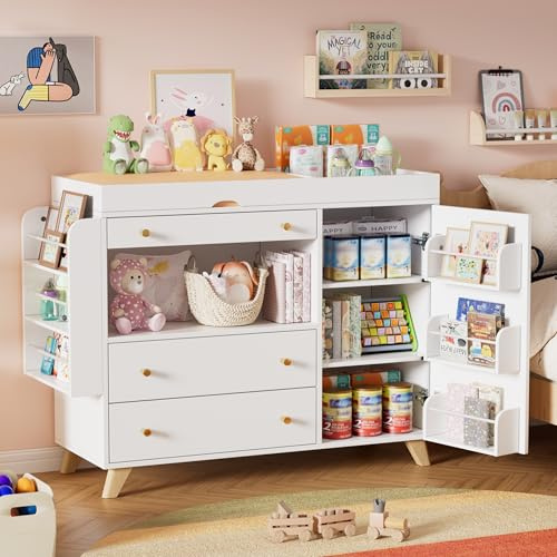 MSFE Wickelkommode mit Abnehmbarem Wickelaufsatz, WickelKommode mit 3 Schubladen und Regale, Vielseitiger Wickeltisch Weiß mit Stauraum, bis zu 100KG,Keine Wickelunterlage enthalten,120x100x40cm