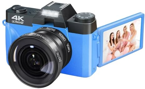 SXYGYWA Cámara Digital HD De 56MP, Videocámara Web 4K con WiFi, Grabadora Vídeo Vlog Vintage, Zoom 16X, Pantalla Abatible 3 Pulgadas Y 180 ° Gran Angular Imágenes Nítidas Detalladas(Blue)