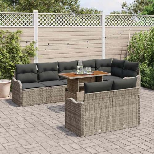 Set da giardino modulare in polyrattan grigio 9 pezzi con contenitore, quattro divani angolari, elemento angolare, tre posti centrali e tavolo, telaio in acciaio