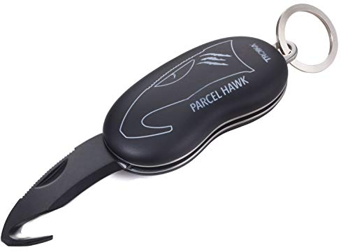 TROIKA Paketmesser Schlüsselanhänger PARCEL HAWK – Klinge 12C27 Sandvik Stahl – 12C27 Sandvik Stahl, 420 Edelstahl, Kunststoff – schwarz