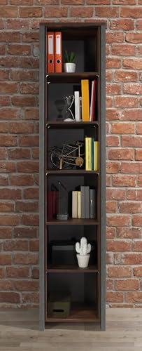 Forte Clif Bücherregal 220, 5 Einlegeböden, Standregal im Vintage Stil, Jugendzimmer, Holzwerkstoff, Old Wood Vintage Holzdekor/Betonoptik Dunkelgrau, 47 cm breit x 220,7 cm hoch x 41,6 cm tief
