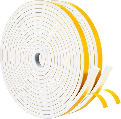 Draught Excluder Self Adhesive Foam Tape 6mm(W) x 6mm(T) Window Door Weather Stripping SoundProof Weather Strip Tape Seals for Gap Seal, 2 Rolls, Total 10M Long White