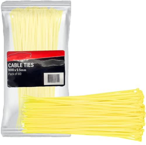 Xtremeauto Cable Ties 100 Pack Zip Ties - Heavy Duty Zip Tie Pack, Nylon Cable-Ties, Strong Self-Locking Cable Tie Wire Ties, Perfect for Home, Garden, Office, Mechanics & DIY (200mm x 2.5mm, Yellow)