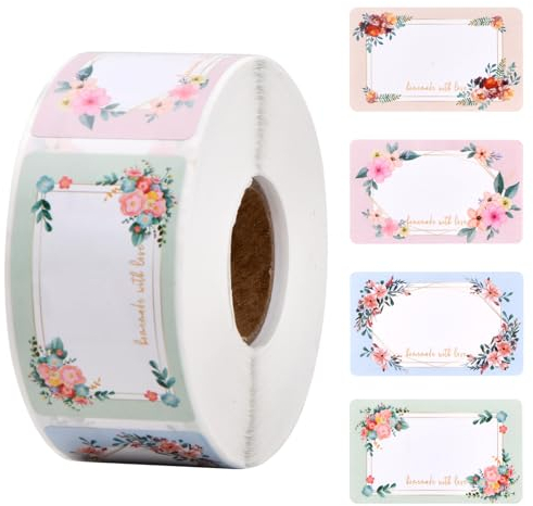 Bezavea 500PCS Self Adhesive Labels for Jars - Floral Decorative Stickers for Food, Baking, and Gift Packing With Freezer Labels