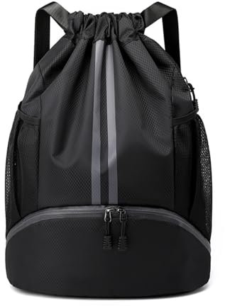 Sport Kordelzug Rucksack, Turnbeutel mit Wasserflaschenhaltertaschen, Schuhfach, wasserdichte Tasche, Kordelzugbeutel, Schwarz, Einheitsgröße, Sportlich