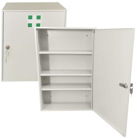 LEOMAR Medizinschrank, Apothekerschrank aus Stahlblech, mit 3 Ablagen, Abschließbar, Hausapotheke inkl. 2 Schlüssel, Medikamentenschrank, Erste-Hilfe-Schrank mit Metalltüren, 14 x 35 x 52 cm