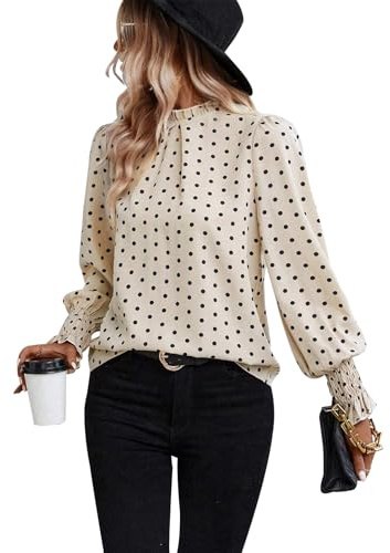 ZOOMOON Blusa de Lunares para Mujer, de Manga Larga, con Volantes abombados, para otoño, Plisada, Cuello Alto, túnica, Caqui, S