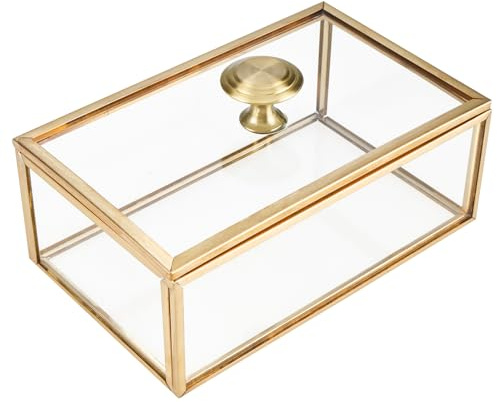Homtone 14 cm koppar gyllene vintage glaslåda med lock, dekorativa smycken souvenir display arrangör klar rektangel gyllene låda för bröllopsfest dekor med öppet lock 14,6 x 9 x 5,5 cm