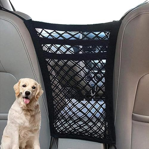 Barrera de red para perros con organizador de malla de seguridad automática, bolsa de almacenamiento elástica universal para coches, SUV, 3 capas para mascotas, accesorios de conducción de coche,