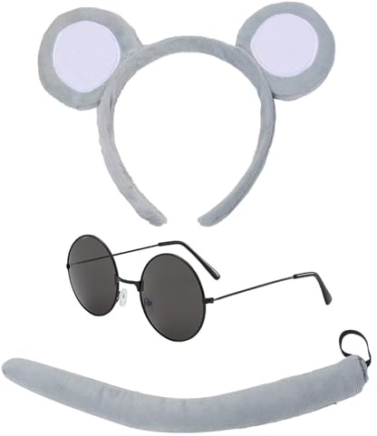 MFUOE 3Pieces Grey Blind Mouse Set Mouse Ears Headband Tail and Black Glasses World Book Day Adult Fancy Dress for Men Women Cosplay Accessory