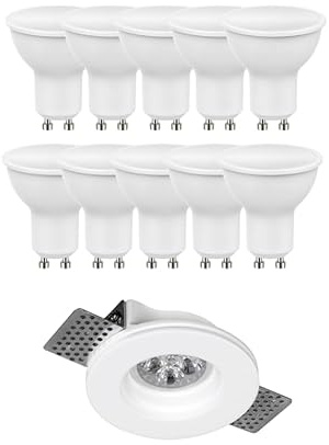 inferramenta Kit Illuminazione Completo: 10 Lampadine LED GU10 10 W 6000 K + 10 Portafaretti Incasso Slim in Gesso Ceramico Quadrati o Rotondi (Portafaretto Rotondo)