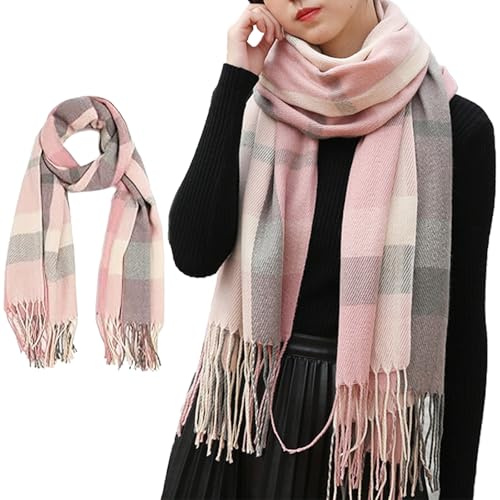 HUANYO Winter Scarves for Women, Soft Warm Plaid Fleece Shawl Wrap, Extra Long Large Thick Pashmina Scarves for Winter, Fashion Fringe Ladies for Daily Use and Gifts (pink)