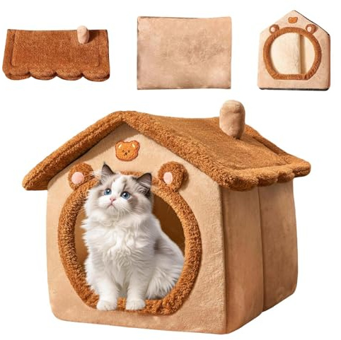 Kattstuga säng – Sammet husdjur häcka, uppvärmd sovkudde, flufy Kitty Refuge | vadderat stängt termiskt fuskfodrad varelse vila burrow cushy mysbo haven utrymme med vardagsrum barnkammare T