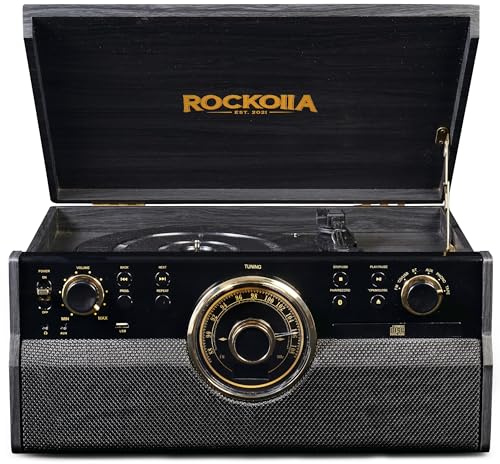 ROCKOLLA - Tocadiscos Retro Bluetooth de Vinilo, Altavoces Estéreo【33/45/78 RPM】 Giradiscos Vintage | Radio FM, Cassette, CD, MP3, USB, SD, Grabadora | Salida RCA/Aux In (Vanguard Black)