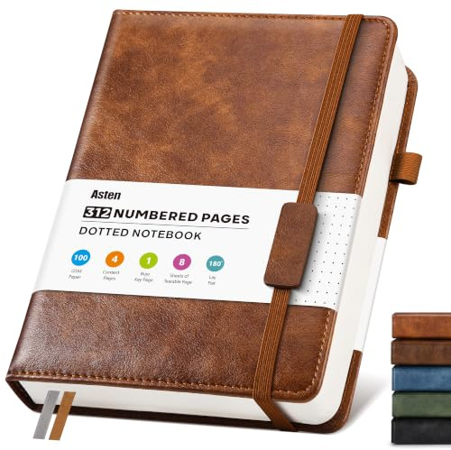 Bullet Dotted Journal läderanteckningsbok: A5 prickig dagbok för kvinnor och män, brun