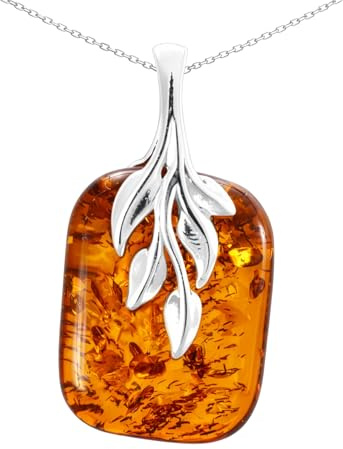 HolidayGiftShops Amber Jewelry for Women - GIA Certified Sterling Silver and Baltic Honey Amber Pendant Fern, Includes 925 Sterling Silver Chain - Sterling Silver Jewelry Collection, made in Poland