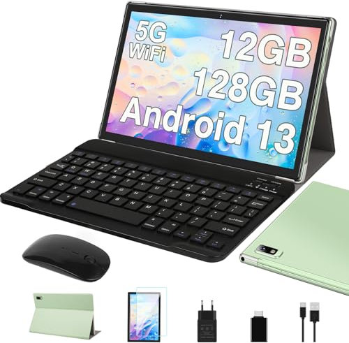 Oangcc Tablet 10 Pollici Android 13 OS Tablets con 5G WiFi, 12GB+128GB(TF 512GB/1TB), Octa-Core, Processore 2.0 GHz, 8000mAh, Schermo Widget, Controllo Parentale, Tablet con Tastiera+Mouse - Verde