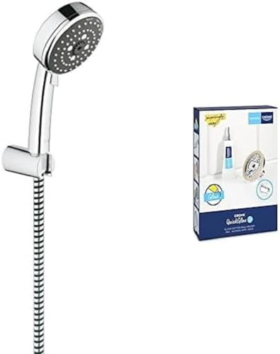 GROHE Vitalio Comfort 100 &; QuickGlue S1 - Wandbrause-Set (wassersparend, 100mm Handbrause, 3 Strahlarten, Anti-Kalk-System, 1750mm Schlauch, Universal-Wandhalterung), chrom, 26176000