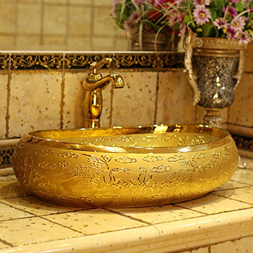 Aufsatzwaschbecken, geprägtes goldenes Keramik-Badezimmerwaschbecken, WC-Waschtisch, ovales Keramikwaschbecken mit Aufsatzwaschbecken