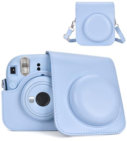 HIYQIN Housse de Protection pour Appareil Photo Instantané Compatible avec Fujifilm Instax Mini 12, Polaroid Camera Mini 12 Étui avec Poche de Photo - Bleu Pastel