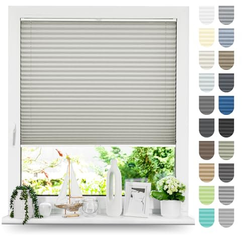 Tom'Shop Plissee mit Bohren, Sonnenschutz Plisseerollo Jalousie Lichtdurchlässig und Blickdicht für Fenster & Tür Premium-Falten 3 Kollektionen zur Auswahl(NELA Grau,B30cm x H200cm)